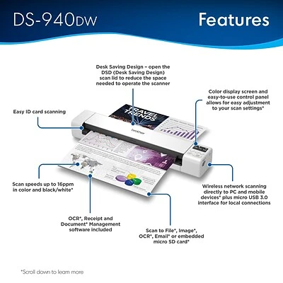 Scanners Brother DSmobile DS-940DW USB/Wireless Duplex Portable Scanner White - Image 3