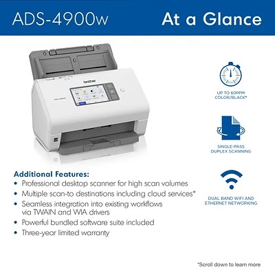 Scanners Brother ADS-4900W Duplex Document Scanner, White/Black - Image 3