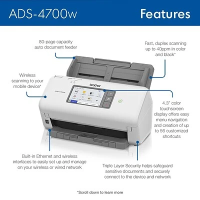 Scanners Brother ADS-4700W Duplex Document Scanner, White/Black - Image 2