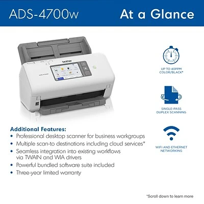 Scanners Brother ADS-4700W Duplex Document Scanner, White/Black - Image 3