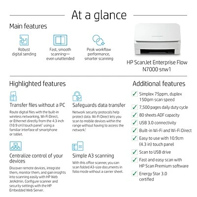 Scanners HP ScanJet Enterprise Flow N7000 Snw1 Duplex Desktop Document Scanner, White (6FW10A#BGJ) - Image 3